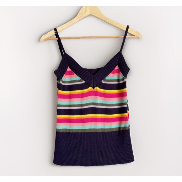 Trina Turk Y2K Ribbed Rainbow Striped Knit Tank Top Sz Large Retro Festival Boho - Picture 1 of 8